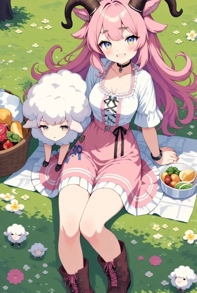 1girl,solo,cute,sheep girl,Pink and fluffy hair,thick eyebrows,large breasts
,BREAK animal ears,goat ears,blue eyes,Beautiful eyes,Thick eyebrows:1.4,embarrassed,blush
,BREAK frilled shirt,white shirt,short shorts,over-kneehighs,lace-up boots
,BREAK animal on head,looking up,cheek pinching
,BREAK village