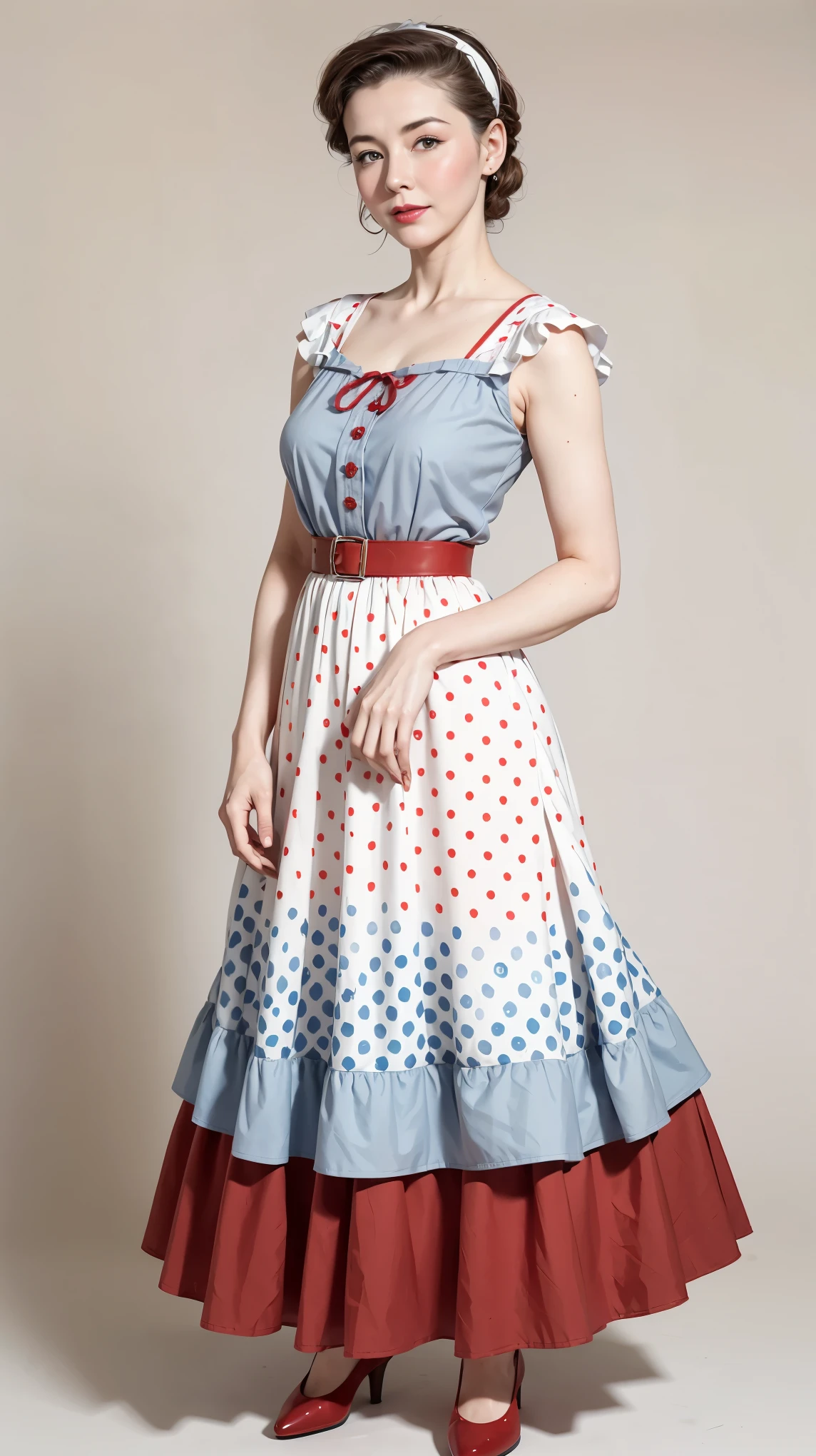 1950s Watercolor, Pen and Ink, retro fashion, pin-up style, full body shot, light gray and light brown and red and white and blue, in the style of classical Americana, mottled, playful innocence, dotted, cutout from white background, in the style of Norman Rockwell, masterpiece art work