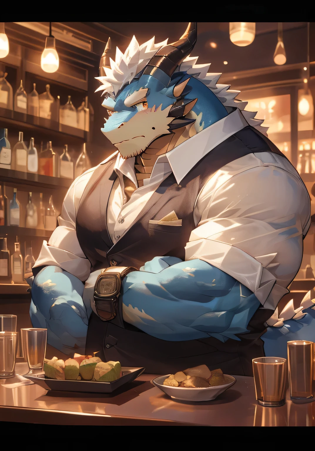 anthro,(zinogre:1.2),tail,((full body,blue eyes, blue body, white furry, yellow hand, yellow feet, blue face,TAILS )),((horns)), nipples, large pectorals, (((4TOES))),muscular,
sharp teeth, spikes, detailed hands, spikes, DETAILED FEET,(stomach), ((FAT)),(stomach bulge), ((smooth skin)),((open clothes, )), SWEAT, nearly naked apron, DETAILED EYES, ((aged up, )) ,
(tavern, wooden table, beer, ),drunk, blush, open mouth, happy,
(by null-ghost,by raccoon21,masterpiece, high quality), <lora:zinogre-000018:1>,claws,