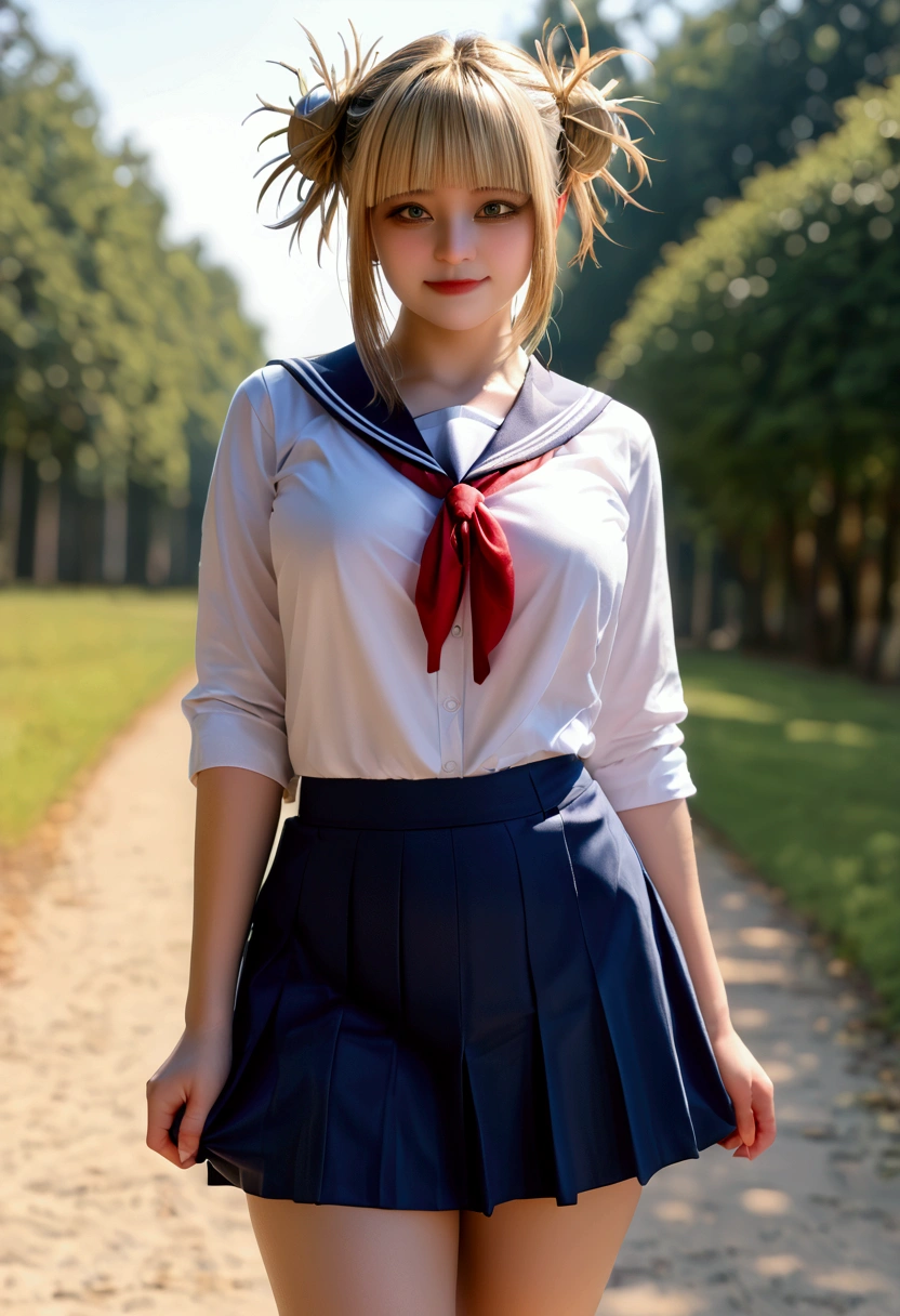 bmasterpiece、top-quality、hight resolution)、 Real life adaption for this character, Masterpiece, high quality, best lighting, cinematic, 1girl, Himiko Toga, blonde hair, (perfect body), ((schoolgirl uniform)), looking at viewer, standing, outdoors