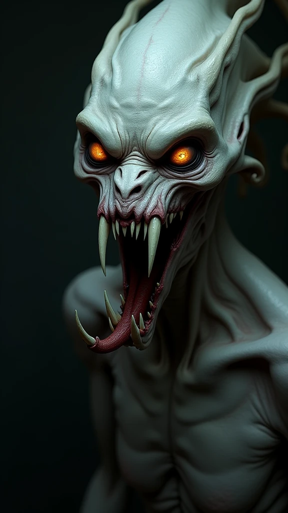 A highly textured, gooey and putrid realistic alien girl monster. scary and psychotic, we see his frightening lair behind