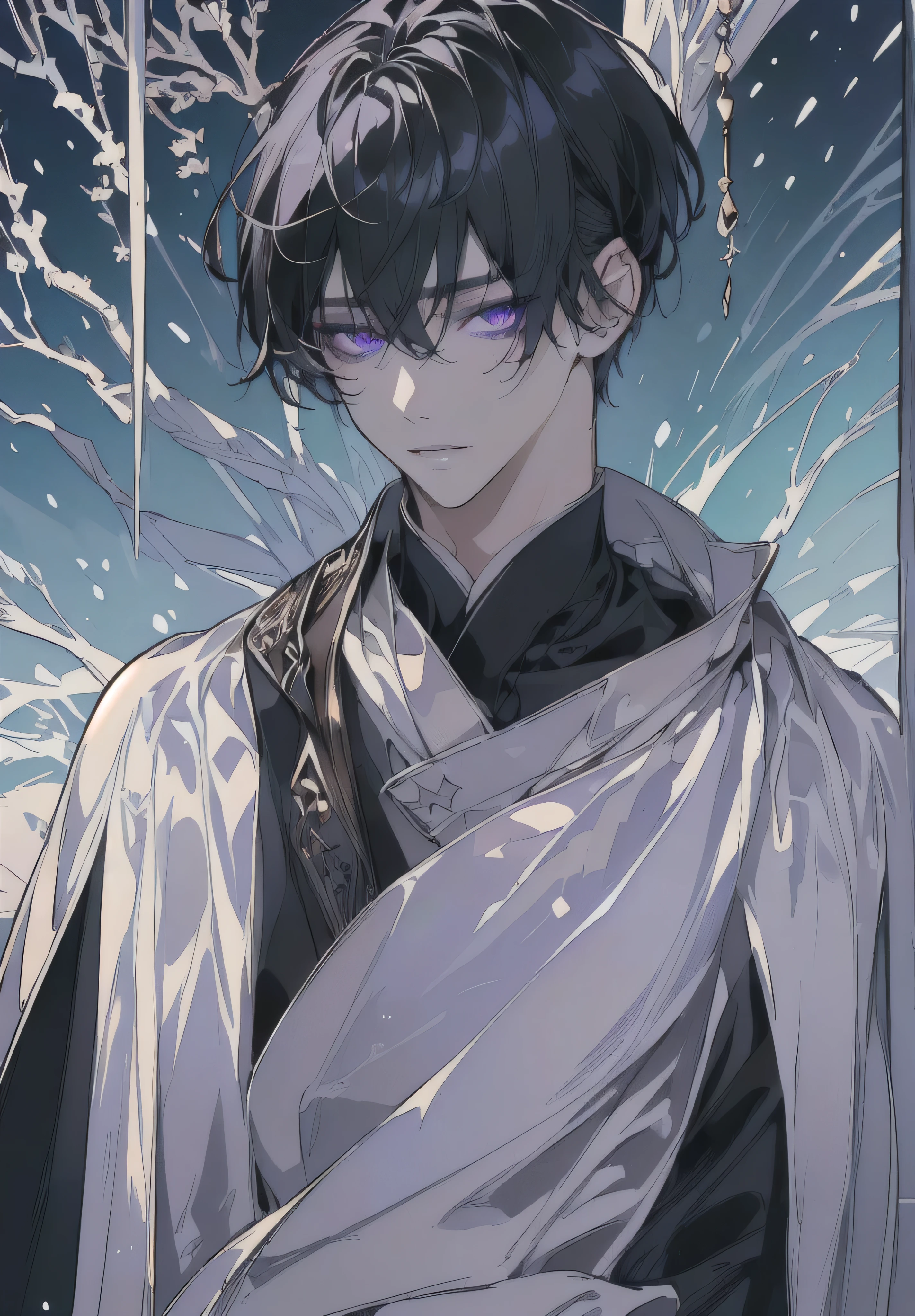 (Masterpiece:1.2, high quality), ultra-detailed,finely detail,photorealistic,solo,1man,fantasy,purple eyes,greyskin,dark hair,short cut,blackhair,darkskin, robe, droopy eyes, Relaxed expression, without eye light,detailed snow background,dazed