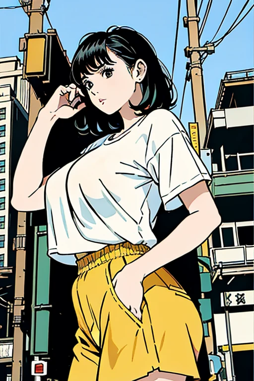 (vintage),(Retro),(Cartel), coca cola advertising with perfect girl, clothing oversized blue jeans and white t-shirt with open waist(sexy), military environment, Masterpiece, comics(tokyo city) (1990)