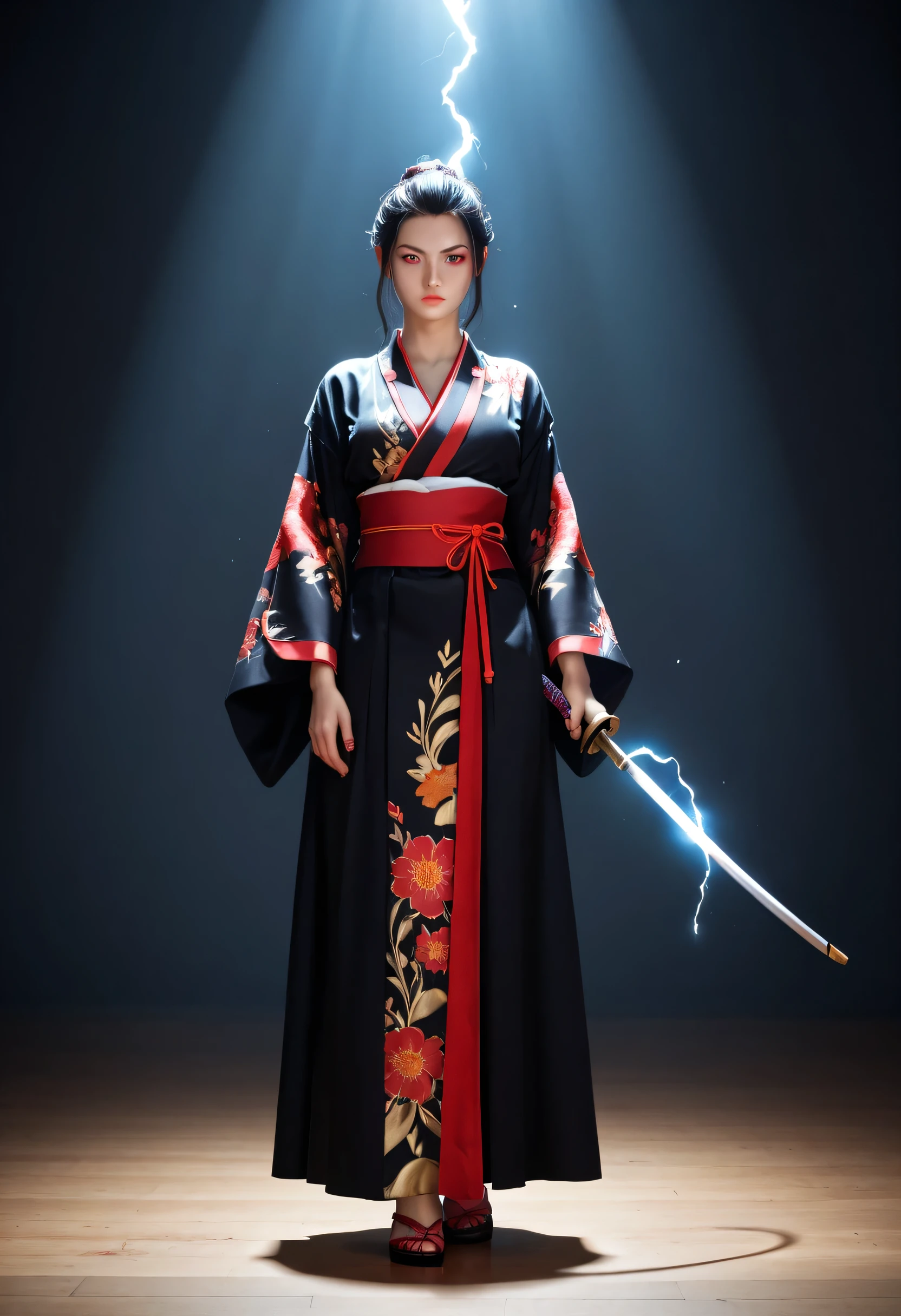 A fierce and confident woman with a glowing katana, dressed in a traditional red and black kimono with floral patterns. Her face and body are adorned with intricate dragon tattoos, and her piercing red eyes radiate intensity. The katana emits vibrant blue energy with sparks and lightning around it. Her hair flows wildly, illuminated by dramatic lighting that enhances the fiery and mystical atmosphere. The background features a subtle mix of darkness and faint ember-like effects, adding to the dramatic and fantasy-inspired mood. Color range - purple, Pink, Tons), UDR, ((Film grain)), ((rays)), (Glare), ((full body, front view)) , ultra detailed patterns on clothes.