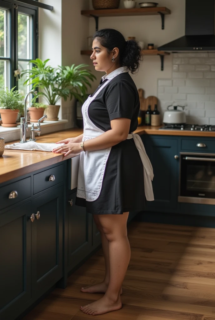 Woman facing right in a kitchen, kitchen is dingy, dark lighting, cabinet door hanging off hinges