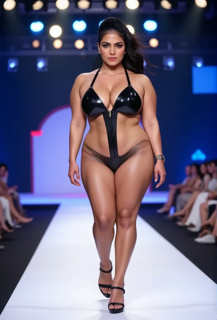 American tall woman, thick 30yo,athletic body,black hairbun in bikini and stocking, walking sexily in fashion show, bright lightings