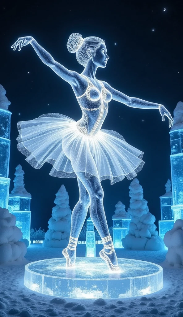 A giant ice sculpture of a ballerina shot from a low angle. It is shine with light where it reflects slight rainbow color like a diamond. It is displayed beautifully inside an ice castle, where the environment is filled with bright cool colors such as blue and white.