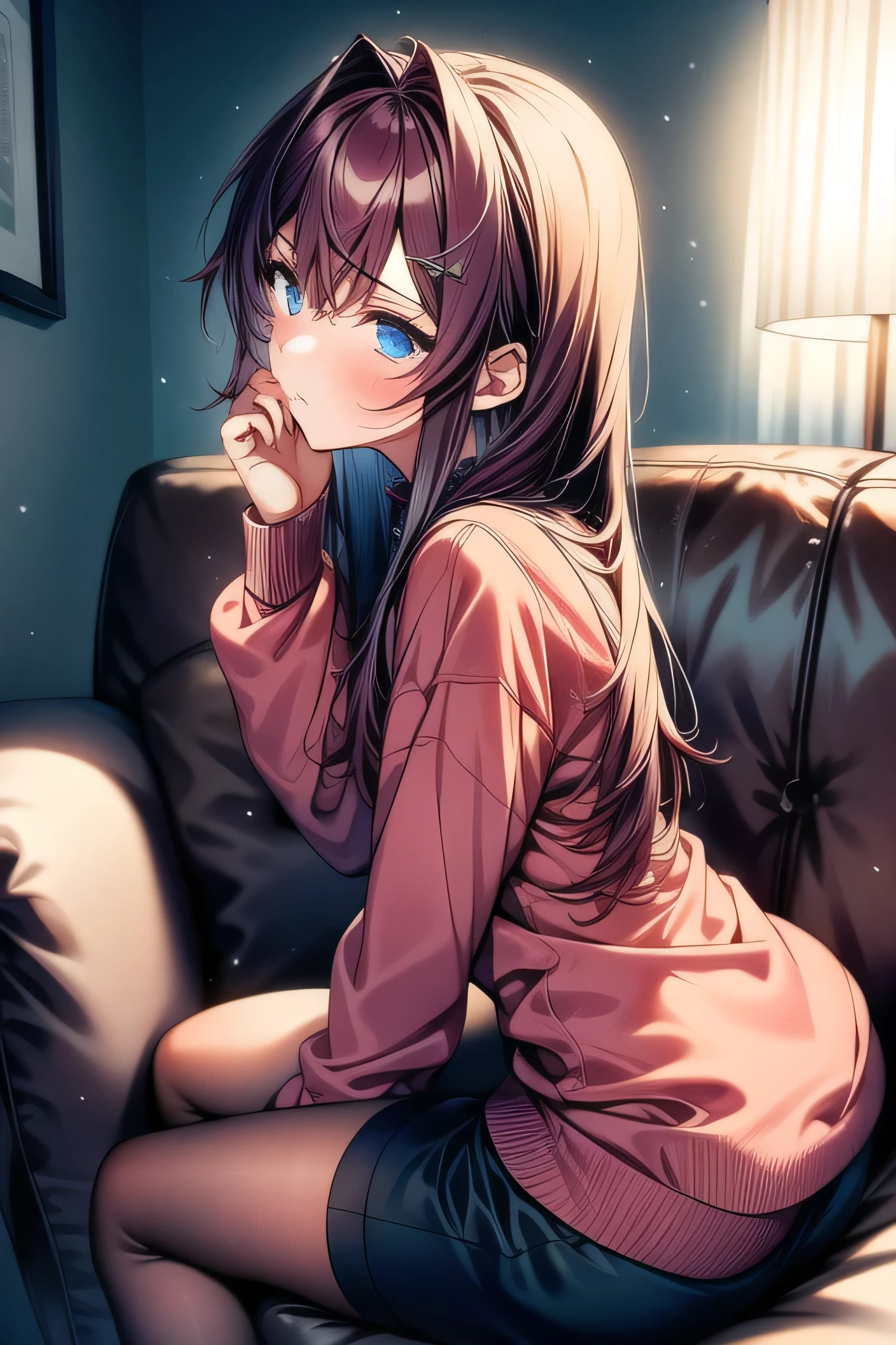 masterpiece, 1 girl, 18 years old, Alone ,Melancholy profile, I'm going to look up, miniskirt, Winter clothes, Loungewear, Fluffy,   lean forward ,  pant stockings, Sitting beside me on the couch, close, 