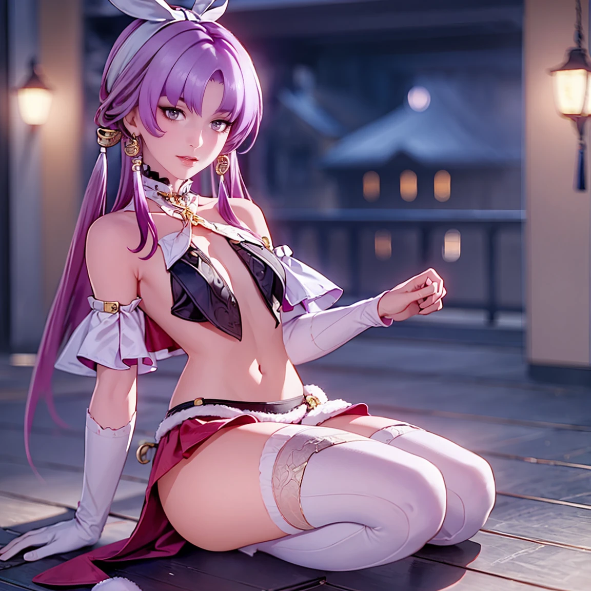 Fu Xuan, asymmetrical gloves, bangs, earrings, elbow gloves, solo, gloves, lavender hair, multicolored hair, jewelry, long hair, looking at viewer, 1girl, dress, jewelry, ornament hair, solo, snow, firefly, long flowing hair, floating hair, twintails hair, Looking at the viewer, flowing hair, magical girl, Beautiful Eyes, Christmas, christmas dress, lights, red dress, Santa's dress, dress with too many frills, red laces, Short skirt, stomach, skirt with layers, christmas tree, presents boxes, christmas clothes with fur trim, luxury gold details, more details, best quality, blushing, Stockings, sparkle, solo, centered girl, cowboy shot, glowing hair, stomach, magical girl, sparkles, more details on her clothes, night