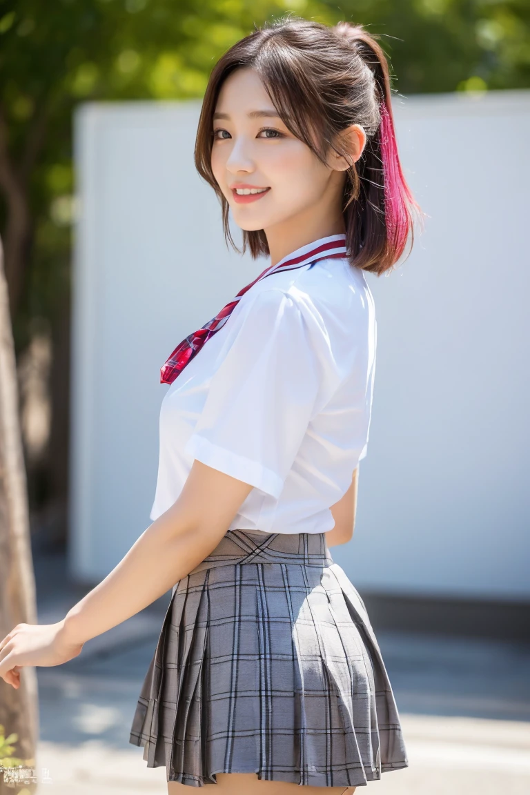 (A stunning Japanese-Korean lady, posing naturally at a Earth Conservation event, wearing a traditional Serafuku, Seifuku, tight white shirt, white blouse button-down, translucent short-sleeve, plaid skirt, form-fitting pleated skirt, red ribbon bow tie, sailor collar, youthful charms, smooth complexion, beautiful detailed face, beautiful detailed eyes and lips, long eyelashes, slender figure, perfect body proportion, friendly expression, snaggletooth, cute dimples, kind smile, pinkish hair, short straight hair, side ponytail, Bob, Curved in Blunt Bob, Asymmetrical Bob, confident & poised demeanor, Looking at viewer, 

Blurred background, Bokeh effect, ultra-detailed,
(best quality, 4k, 8k, high-resolution), 
(masterpiece:1.28), award-winning,
(realistic, photorealistic, photo-realistic:1.37),
HDR, UHD, studio lighting, ultra-fine painting,
sharp focus, physically-based rendering, extreme detail description, professional photography, vivid colors, SFW, Safe for Work, Cowboy Shot, Close-up Shot, High Angle Shot, Selfie, Selca, from side)