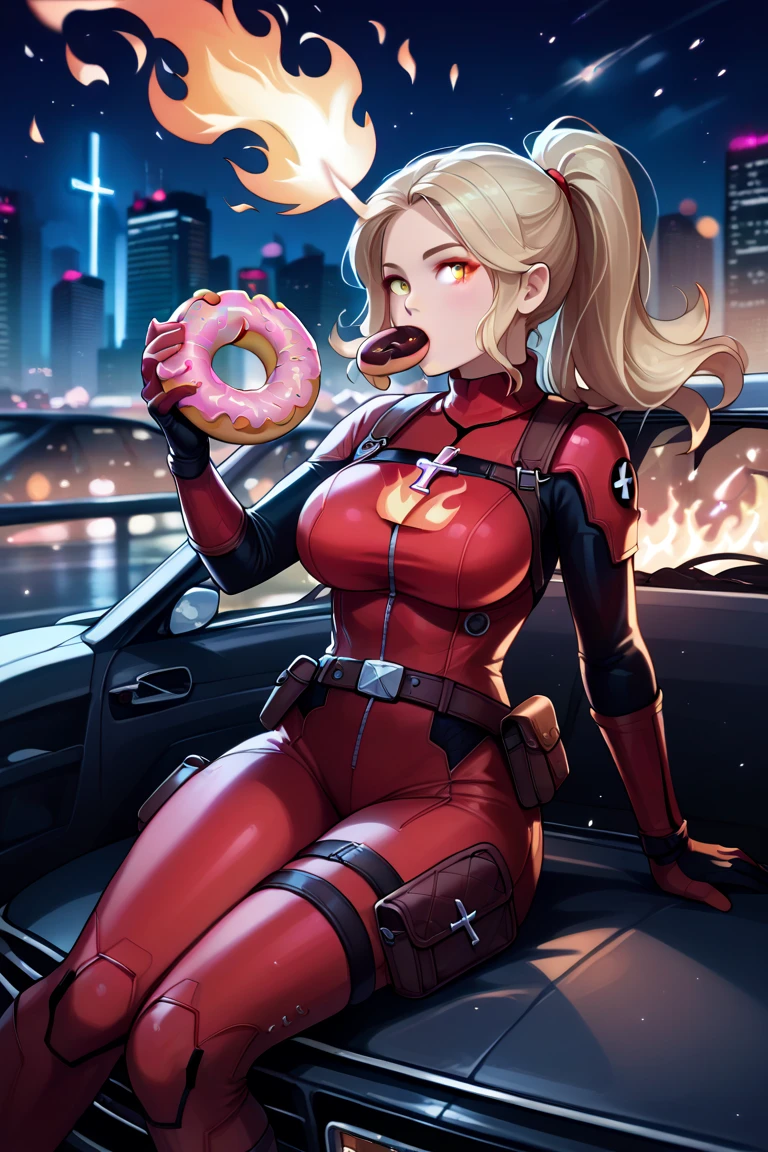 masterpiece, best quality, highres, contrapposto, BodySuit_lady_deadpool_ownwaifu, 1girl, mask, blonde hair, ponytail, long hair, large breasts, no pupils, bodysuit, skin tight, superhero, belt pouch, utility belt, red bodysuit, gloves, weapon on back, thigh pouch, thigh strap, thigh holster, belt buckle, turtleneck, light particles, depth_of_field, scenery, night, (City exploding in the background, car blowing up in flames:1.5), solo, cowboy shot, BRAKE Sitting on a bench eating a donut, (sitting cross-legged, holding donut in hand:1.5), looking at viewer,