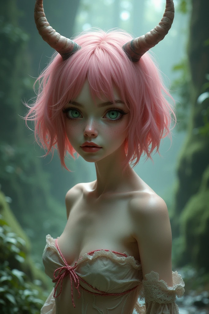 1 woman,  Anatómicamente correcto,  short hair,  Pink hair, Hair over eyes, messy hair,  pointy ears , fangs, heavy breath, arte digital, Color Ghibli, Open mouth,  Tongue out, weares a short , blouse