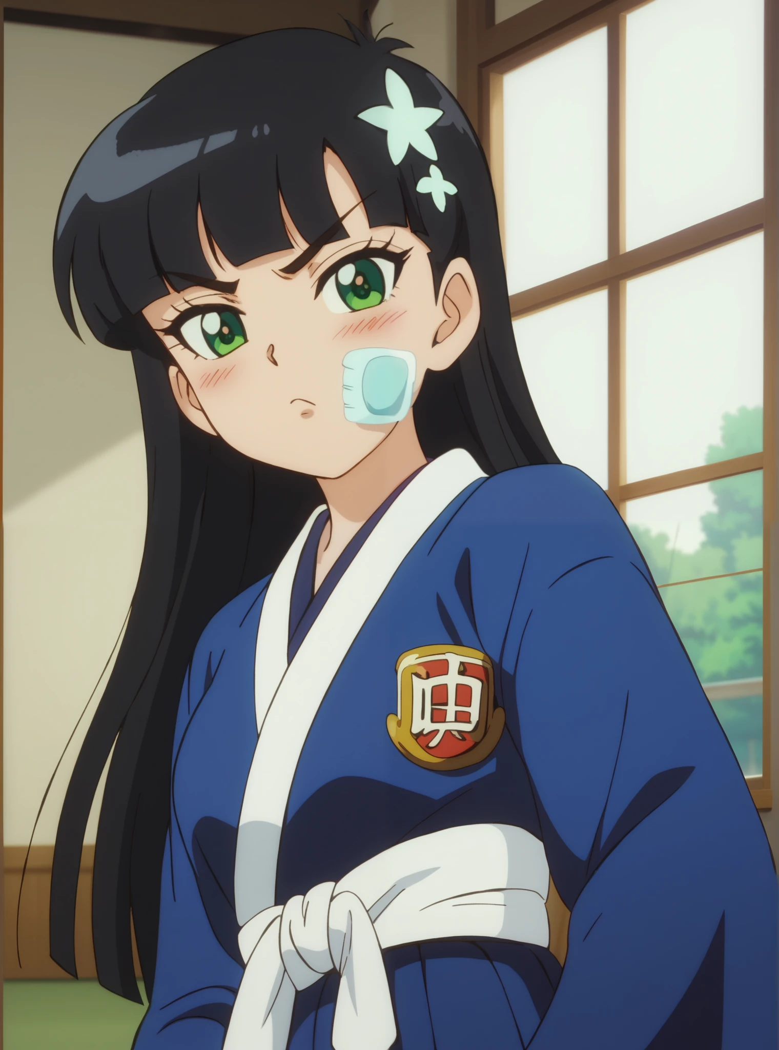 Young woman drawn in 80’s anime art style. 
 Retro anime  . Vintage Anime. Classical Anime. 
Black HAIR
Hime Cut
She has perfectly Round and Circle eyes. 
Green eyes and Medium Sized Eyebrows. 
She is Tan Woman.
She has Large Breast
Small blush on cheek.
Annoyed

She is wearing a jūnihitoe ( 12 single, lit. 'twelve layers'), more formally known as the itsutsuginu-karaginu-mo ( Clothing Accessories), is a style of formal court dress first worn in the Heian period by noble women and ladies-in-waiting at the Japanese Imperial Court.

The jūnihitoe was composed of a number of kimono-like robes, layered on top of each other, with the outer robes cut both larger and thinner to reveal the layered garments underneath. 
These robes were referred to as hitoe, with the innermost robe – worn as underwear against the skin – known as the kosode.

(Raindrops) (Rainy Sky) (School)

(Alone)