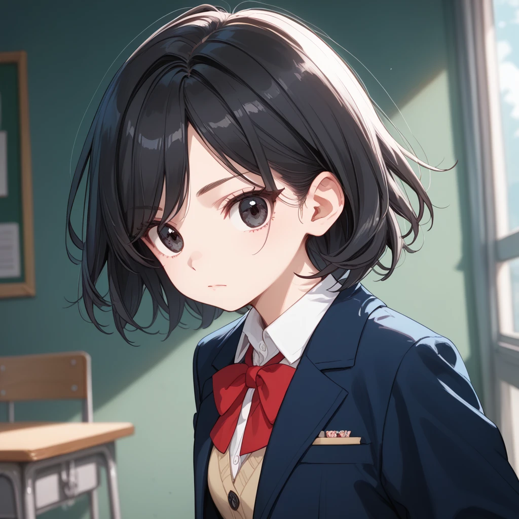   top quality, (15yo:1.0),  black hair, bright hair, medium wolf cut hair, swept bangs, school uniform, Unbreakable fingers,  top qualityの指,  closed mouth, Dark Eyes,  blazer, Navy blue clothes,  Red Ribbons , ish, Round eyes, School, Quiet, timid,