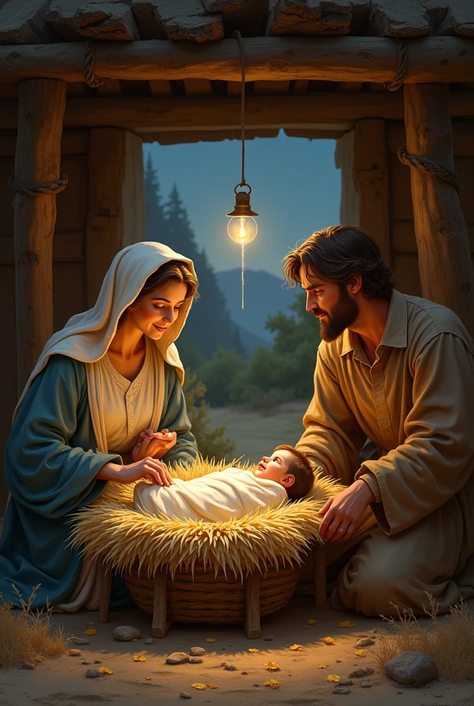 A depiction of the night of birth, with Mary and Joseph in front of the manger, Observing the newborn Jesus.