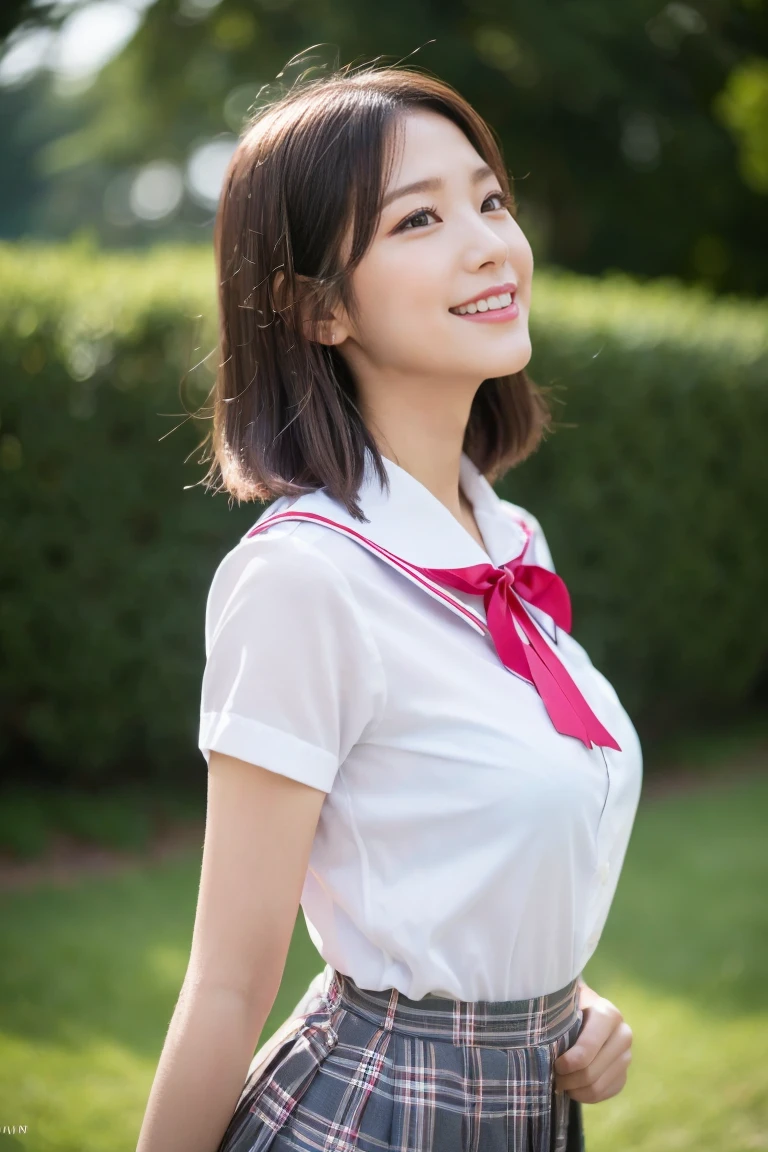 (A stunning Japanese-Korean lady, posing naturally at a Earth Conservation event, wearing a traditional Serafuku, Seifuku, tight white shirt, white blouse button-down, translucent short-sleeve, plaid skirt, form-fitting pleated skirt, red ribbon bow tie, sailor collar, youthful charms, smooth complexion, beautiful detailed face, beautiful detailed eyes and lips, long eyelashes, slender figure, perfect body proportion, friendly expression, snaggletooth, cute dimples, kind smile, pinkish hair, short straight hair, side ponytail, Bob, Curved in Blunt Bob, Asymmetrical Bob, confident & poised demeanor, Looking at viewer, 

Blurred background, Bokeh effect, ultra-detailed,
(best quality, 4k, 8k, high-resolution), 
(masterpiece:1.28), award-winning,
(realistic, photorealistic, photo-realistic:1.37),
HDR, UHD, studio lighting, ultra-fine painting,
sharp focus, physically-based rendering, extreme detail description, professional photography, vivid colors, SFW, Safe for Work, Cowboy Shot, Close-up Shot, High Angle Shot, Selfie, Selca, from side)