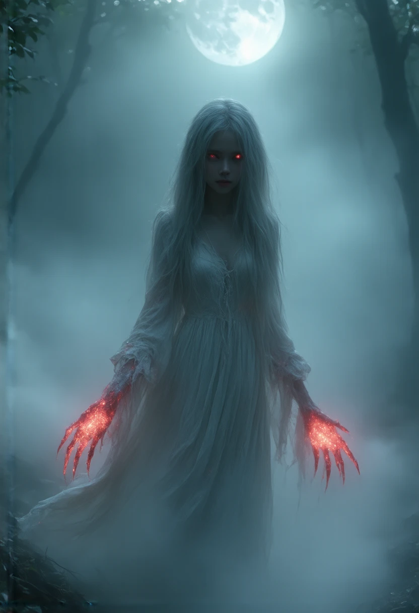 a beautiful ghostly woman, ultra-sexy, glowing red eyes, highly detailed, hands reaching towards the viewer, porcelain skin, long flowing white hair, elegant and ethereal, (best quality,4k,8k,highres,masterpiece:1.2),ultra-detailed,(realistic,photorealistic,photo-realistic:1.37),cinematic lighting,dramatic shadows,dark fantasy,dramatic pose,digital art