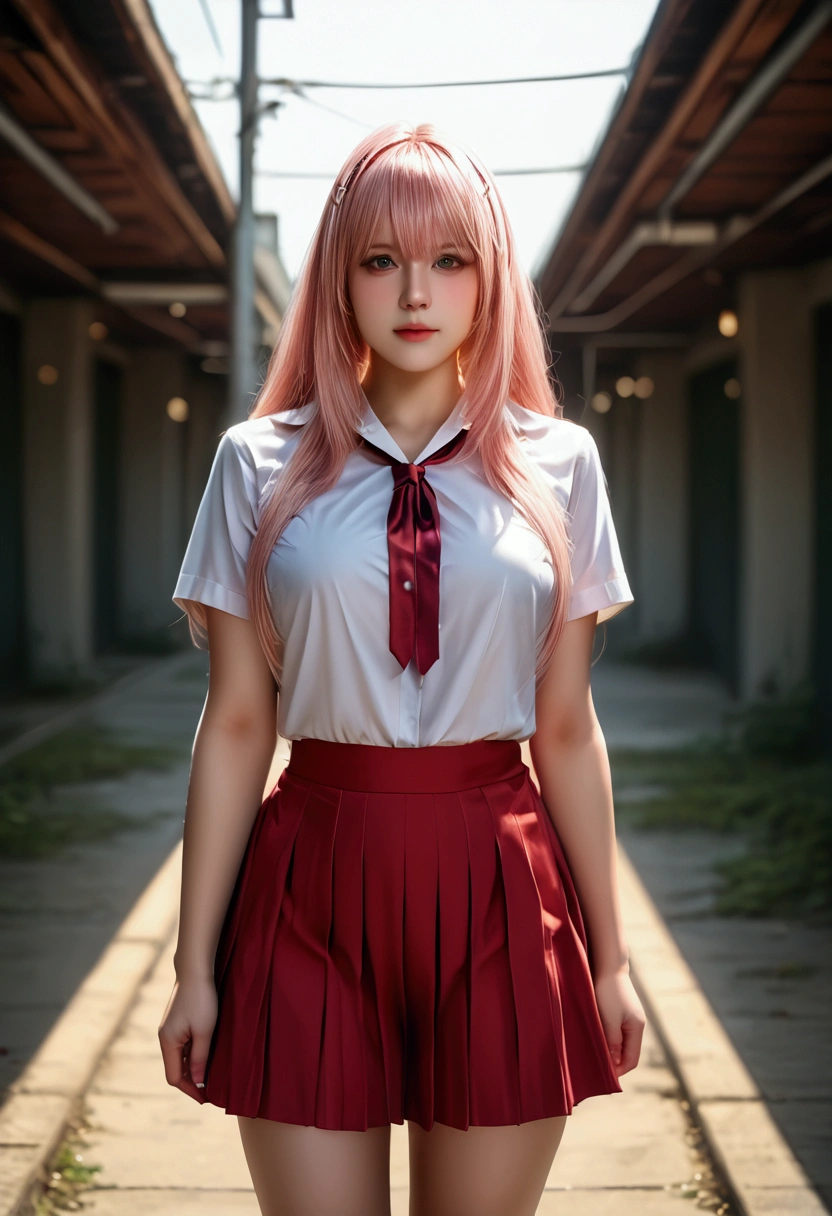 bmasterpiece、top-quality、hight resolution)、 Real life adaption for this character, Masterpiece, high quality, best lighting, cinematic, 1girl, zero two, pink hair, (perfect body), ((schoolgirl uniform)), looking at viewer, standing, outdoors