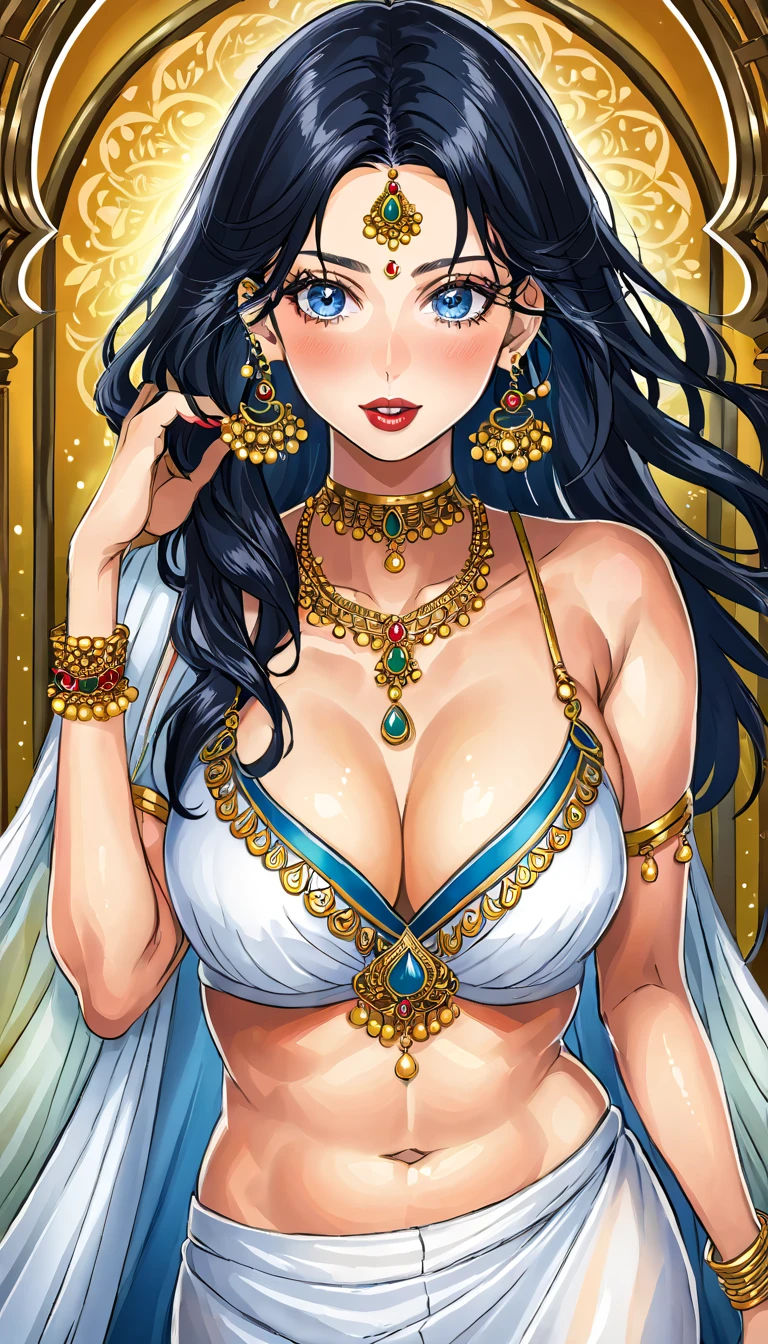 (Comic illustration)Renowned actress at the age of 28 wearing a provocative blue saree braless, large oversized hoops earrings, long hair ,big saggy breasts ,face makeup, beautiful, alluring, necklace,white skin ,ear piercing