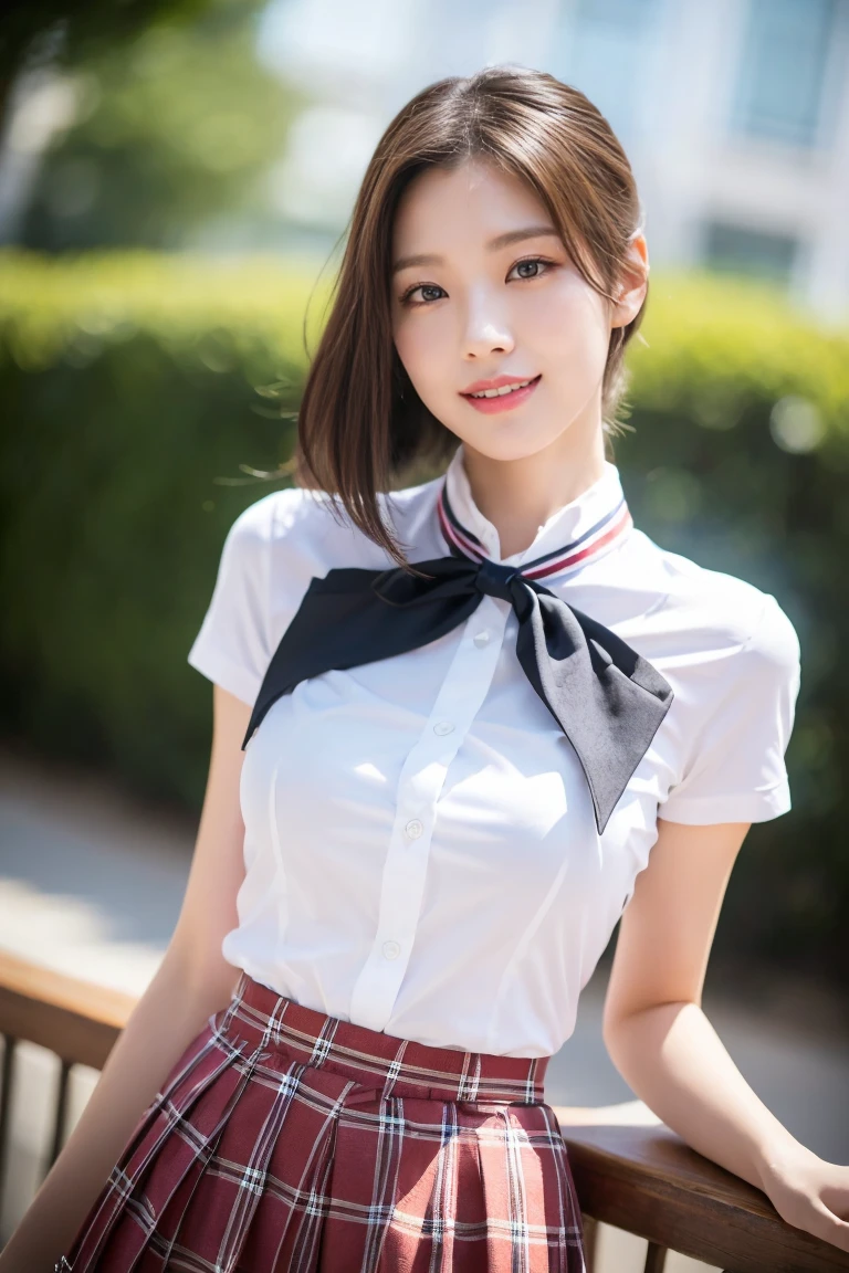 (A stunning Japanese-Korean lady, posing naturally at a Earth Conservation event, wearing a traditional Serafuku, Seifuku, tight white shirt, white blouse button-down, translucent short-sleeve, plaid skirt, form-fitting pleated skirt, red ribbon bow tie, sailor collar, youthful charms, smooth complexion, beautiful detailed face, beautiful detailed eyes and lips, long eyelashes, slender figure, perfect body proportion, friendly expression, snaggletooth, cute dimples, kind smile, pinkish hair, short straight hair, side ponytail, Bob, Curved in Blunt Bob, Asymmetrical Bob, confident & poised demeanor, Looking at viewer, 

Blurred background, Bokeh effect, ultra-detailed,
(best quality, 4k, 8k, high-resolution), 
(masterpiece:1.28), award-winning,
(realistic, photorealistic, photo-realistic:1.37),
HDR, UHD, studio lighting, ultra-fine painting,
sharp focus, physically-based rendering, extreme detail description, professional photography, vivid colors, SFW, Safe for Work, Cowboy Shot, Close-up Shot, High Angle Shot, Selfie, Selca,)