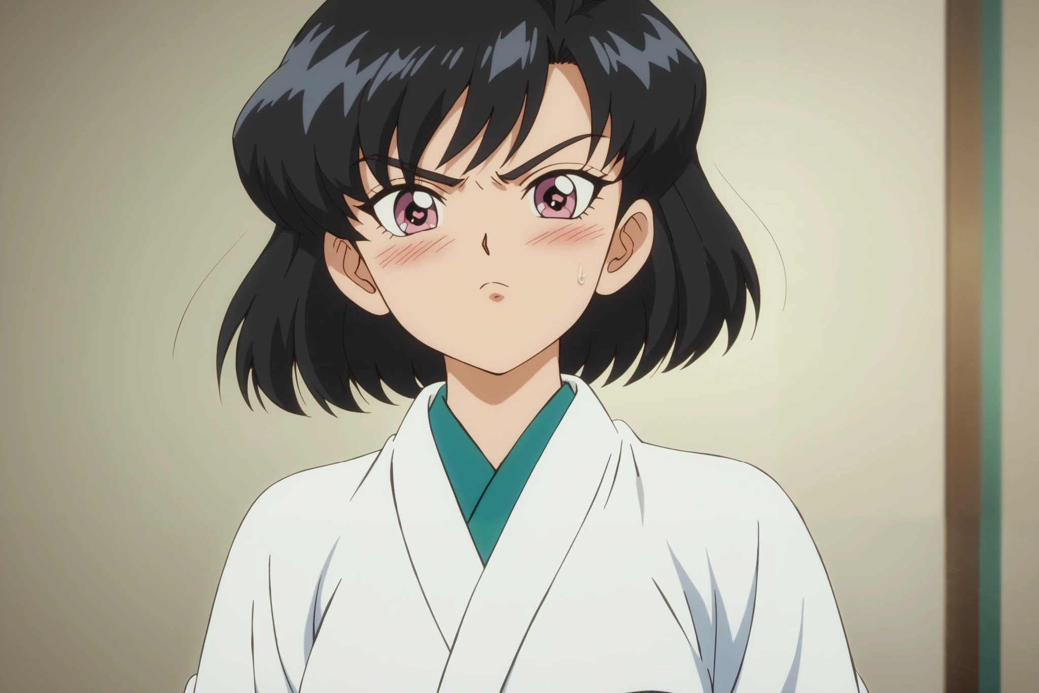 Young woman drawn in 80’s anime art style. 
Retro anime  . Vintage Anime. Classical Anime. 
Black HAIR
Mizura Hair
She has perfectly Round and Circle eyes. 
Pink eyes and Medium Sized Eyebrows. 
She is Tan Woman.
She has Large Breast
Small blush on cheek.
Annoyed

She is wearing a jūnihitoe ( 12 single, lit. 'twelve layers'), more formally known as the itsutsuginu-karaginu-mo ( Clothing Accessories), is a style of formal court dress first worn in the Heian period by noble women and ladies-in-waiting at the Japanese Imperial Court.

The jūnihitoe was composed of a number of kimono-like robes, layered on top of each other, with the outer robes cut both larger and thinner to reveal the layered garments underneath. 
These robes were referred to as hitoe, with the innermost robe – worn as underwear against the skin – known as the kosode.

(Raindrops) (Rainy Sky) (School)

(Solo)