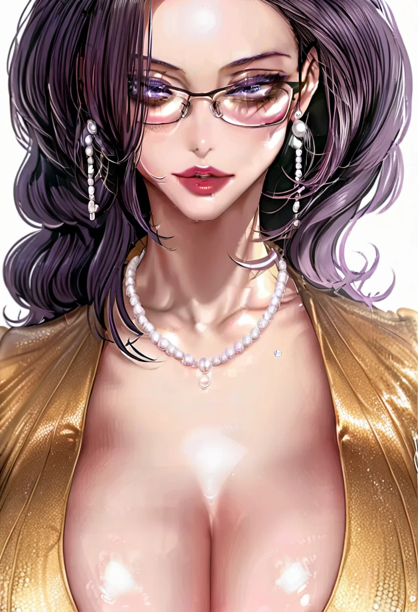 Hot Kim mi jung, long pearl earrings, lipstick, violet hair,big sagging breasts, cleavage , wavy straight hair,makeup,navel, eyeliner, eyeshadow, detailed art style,long jewellery, multiple necklace,long necklace,bangles, accessories ,navel , violet eyes, glasses , black tight sequin  dress, nipple bulge 