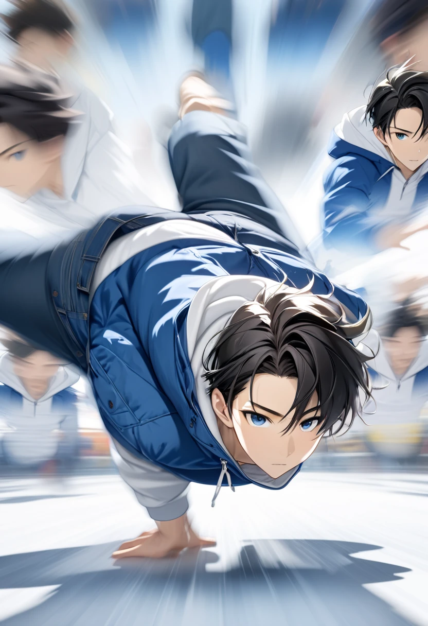  handsome young man with dark hair"Asuka" , breakdancing on ice ･Handstand Fast Spin (( motion blur :4.5 ,  double exposure :1.2 , Afterimage effect:2.5 ,  Blurred Background)) , serious face ,  wearing a white hoodie and blue jacket in jeans , 