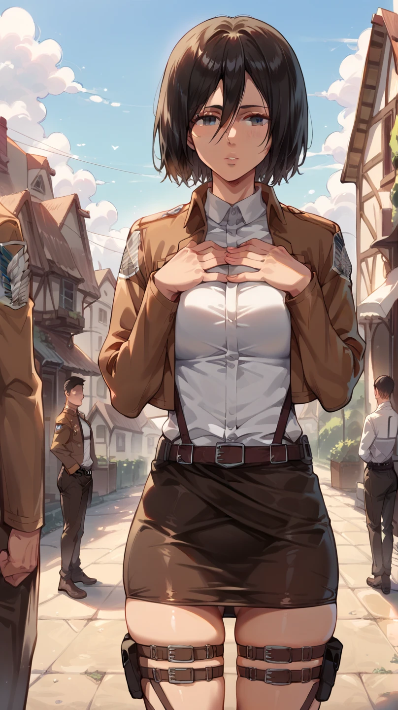 1girl, multiple men, score_9, score_8_up, score_7_up, source_anime, house, outdoors, hands under own chest, brown jacket, long sleeves, thigh strap, white shirt, military uniform, belt, Black_pencil_tight_skirt, thigh strap, Mikasa, dark short straight hair