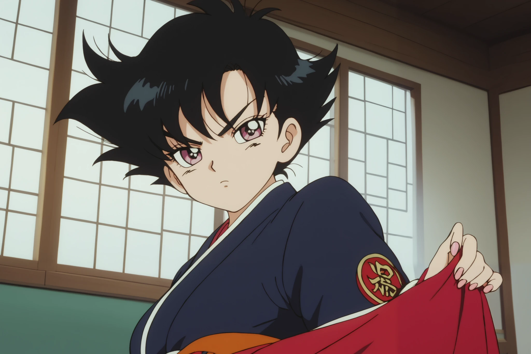 Young woman drawn in 80’s anime art style. 
Retro anime  . Vintage Anime. Classical Anime. 
Black HAIR
Mizura Hair
She has perfectly Round and Circle eyes. 
Pink eyes and Medium Sized Eyebrows. 
She is Tan Woman.
She has Large Breast.
Annoyed

She is wearing a jūnihitoe ( 12 single, lit. 'twelve layers'), more formally known as the itsutsuginu-karaginu-mo ( Clothing Accessories), is a style of formal court dress first worn in the Heian period by noble women and ladies-in-waiting at the Japanese Imperial Court.

The jūnihitoe was composed of a number of kimono-like robes, layered on top of each other, with the outer robes cut both larger and thinner to reveal the layered garments underneath. 
These robes were referred to as hitoe, with the innermost robe – worn as underwear against the skin – known as the kosode.

(Raindrops) (Rainy Sky) (School)

(Solo)