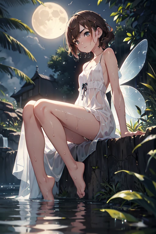 (( top quality)), ((masterpiece)), (  Details),  1 girl,  innocent girl，wet and transparent white dress， brown hair ，In the water， flat chested， smaller breasts，Fairy， fluttering skirt，Petite，delicate，barefoot，Troubled eyebrows，Moonlight