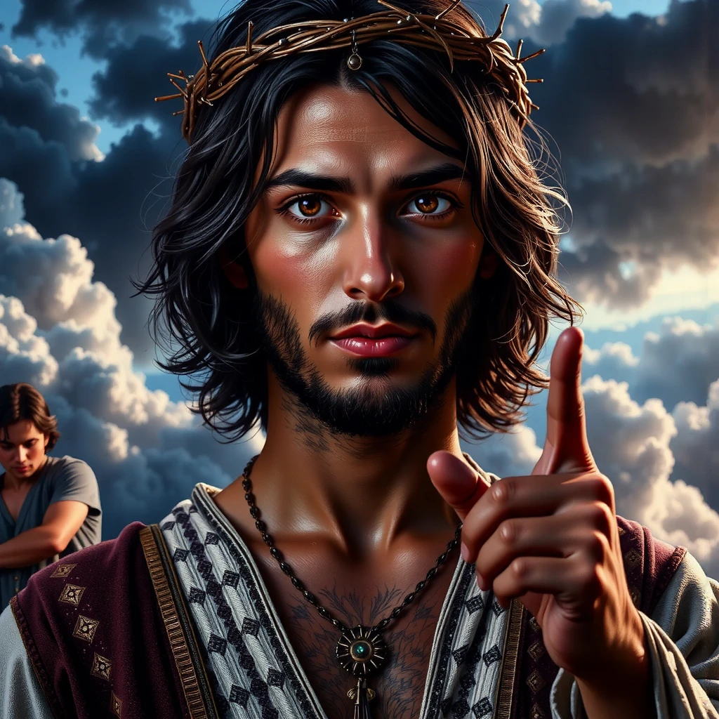 An ultra-realistic image of Jesus Christ from ancient times, wearing historically accurate attire and a crown of thorns on His head. He points directly at the viewer with His right hand, His eyes locked intensely on the camera, establishing a deep emotional connection. His eyes are filled with profound sorrow, capturing a sense of both vulnerability and divine strength. His dark hair, slightly damp, clings to His forehead, framing His face. The background features a dramatic sky with swirling, dense clouds, with beams of light subtly piercing through, casting a gentle glow on Jesus. This light emphasizes His compassionate expression, highlighting the weight of His sacrifice and evoking empathy in the audience.