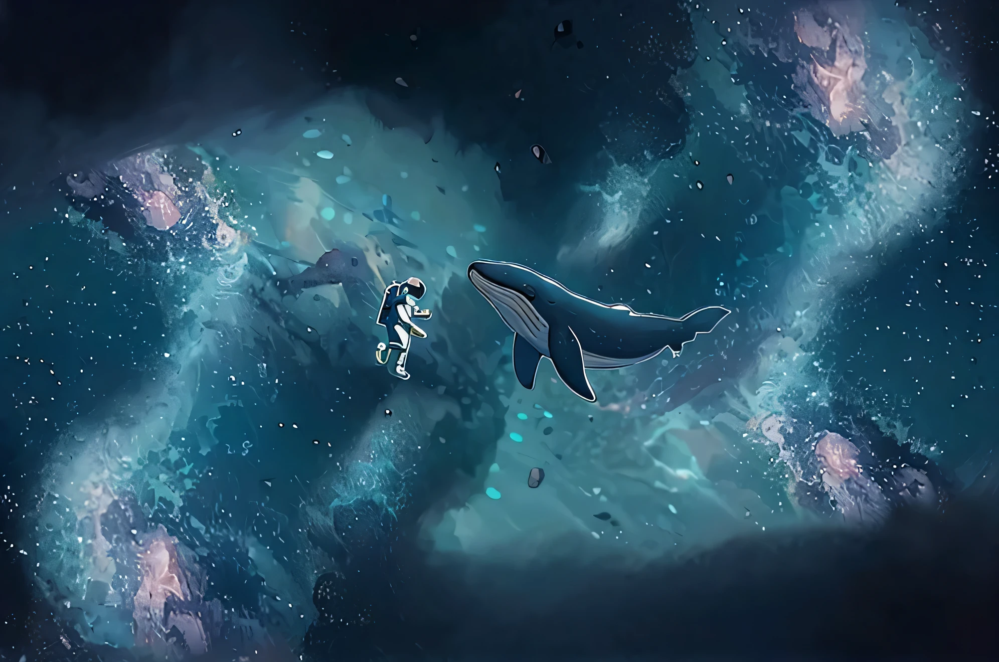 Astronaut and whale at the bottom of the sea, facing forward, dark sea with green tones, same as the reference image, keep reference image sizes, do not alter sizes