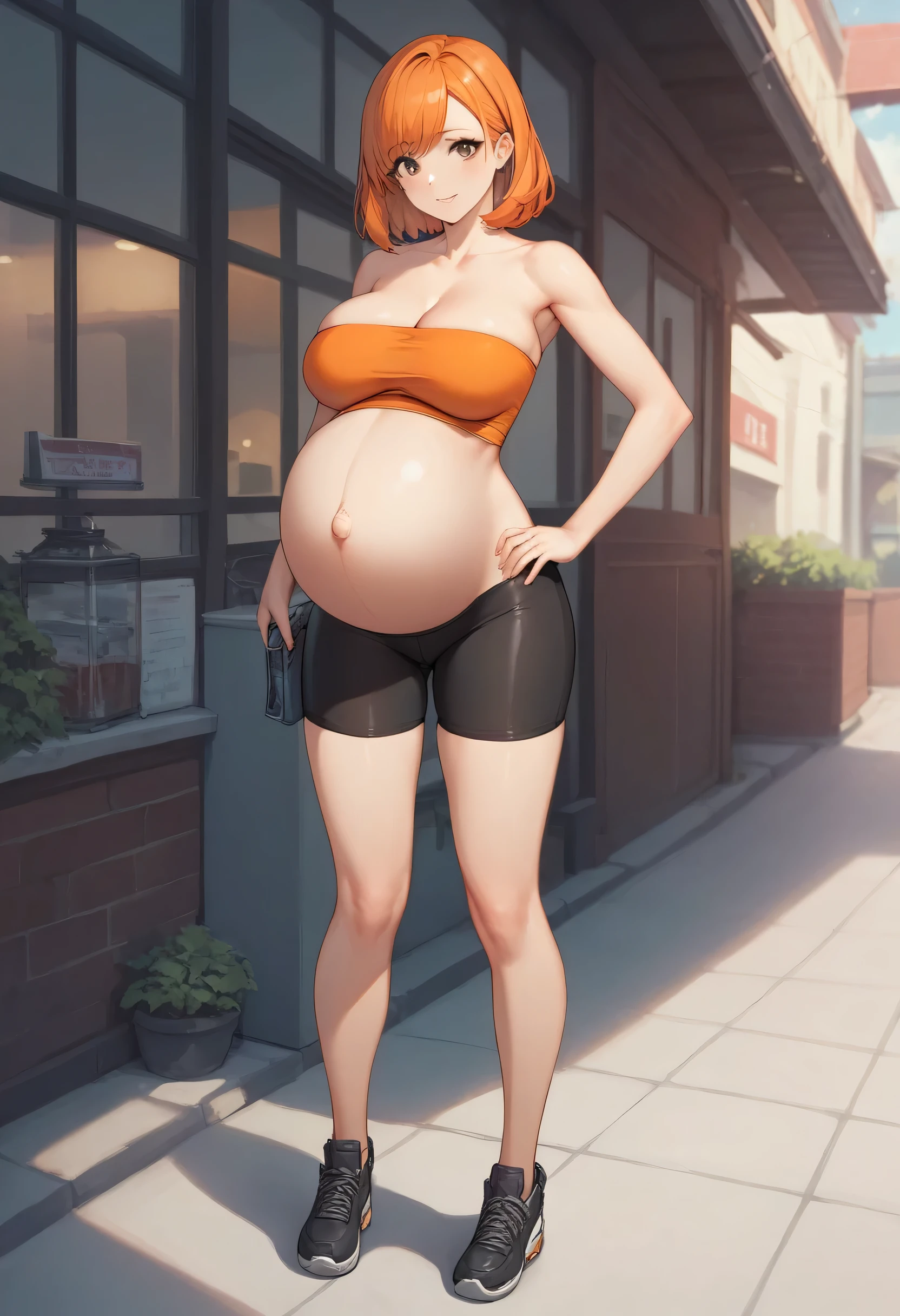 an anime drawing of a female with a huge cleavage standing next to a building, 1girl, breasts, solo, cleavage, medium hair, large breasts, orange hair, full body, black shoes in flats, bike shorts, orange cropped tube top, brown eyes, small black shorts, hd, navel, pregnant woman