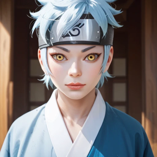 Mitsuki, 1boy, solo, white skin, light blue hair, yellow eyes, light blue and blue kimono, head protector