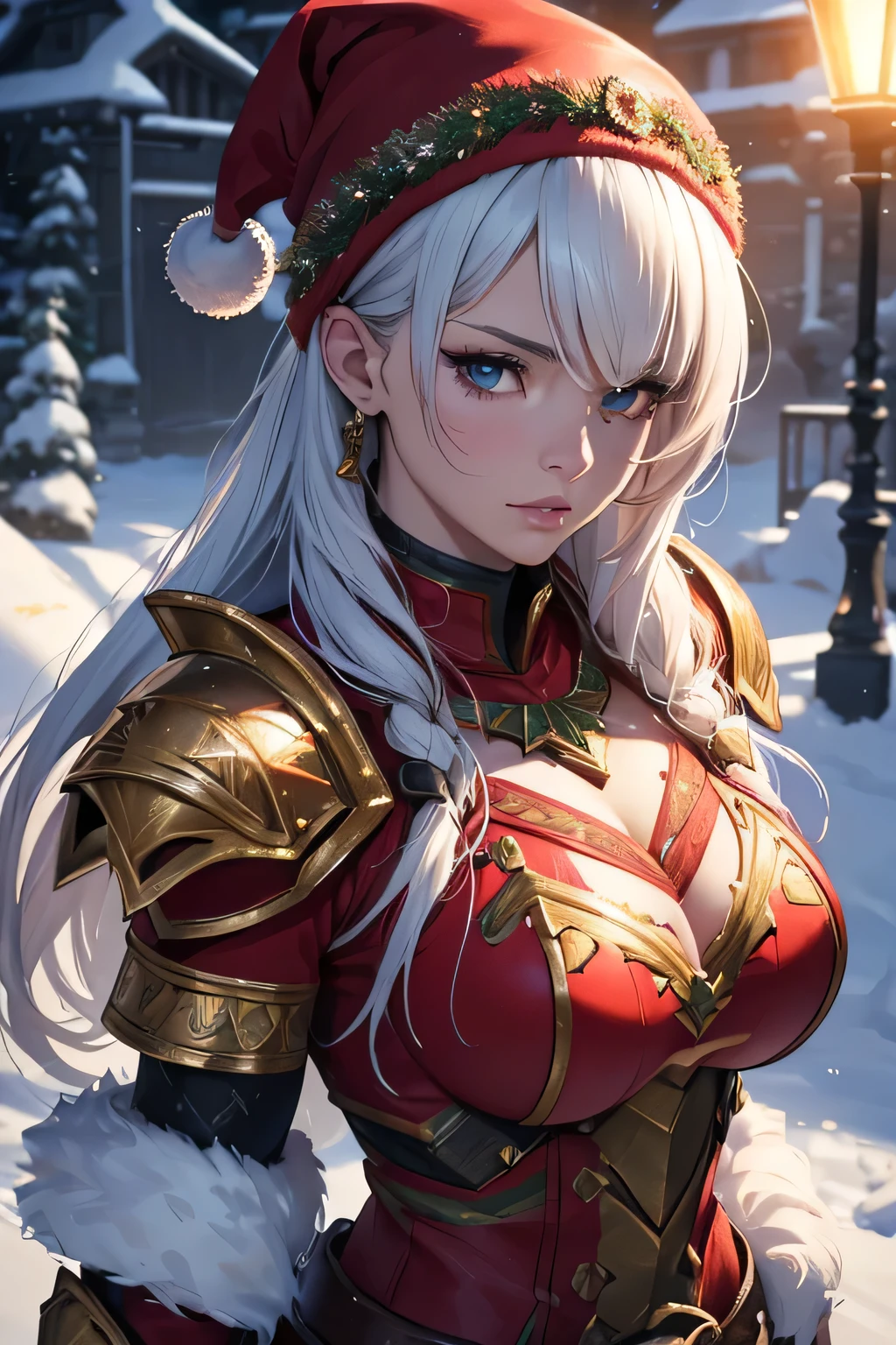 fighting stance,1girl,(ultra detailed skin),curvy,petite,beautiful breasts,large breasts,pale skin,pointy breasts,erect nipples,(fantasy art,Highest image quality,Hyperrealist portrait,(8k),ultra-realistic,best quality, high quality, high definition, high quality texture,high detail,beautiful detailed,fine detailed,extremely detailed cg,detailed texture,a realistic representation of the face,masterpiece,Sense of presence,Dynamic,bold),(thin hair),(soft hair),(straight hair:1.5),Swept long bangs,extra light coppery amber hair,hair over one eye,((clothed:1.5),leather boots,leather gauntlet,(santa dress armor:1.5),(long silk sarong:1.5))),mecha musume,girl