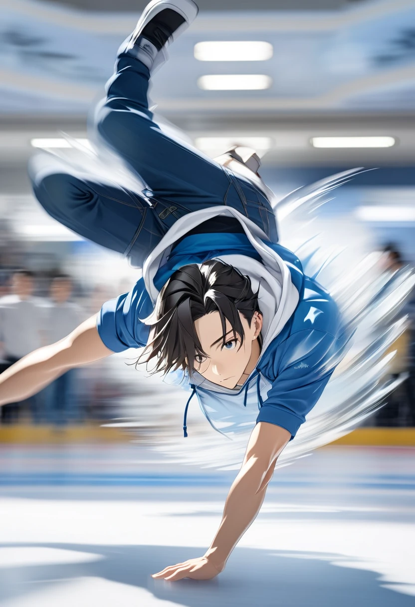  handsome young man with dark hair"Asuka" , breakdancing on ice ･Handstand Fast Spin (( motion blur :4.5 ,  double exposure :1.2 , Afterimage effect:2.5 ,  Blurred Background)) , serious face ,  wearing a white hoodie and blue jacket in jeans , 