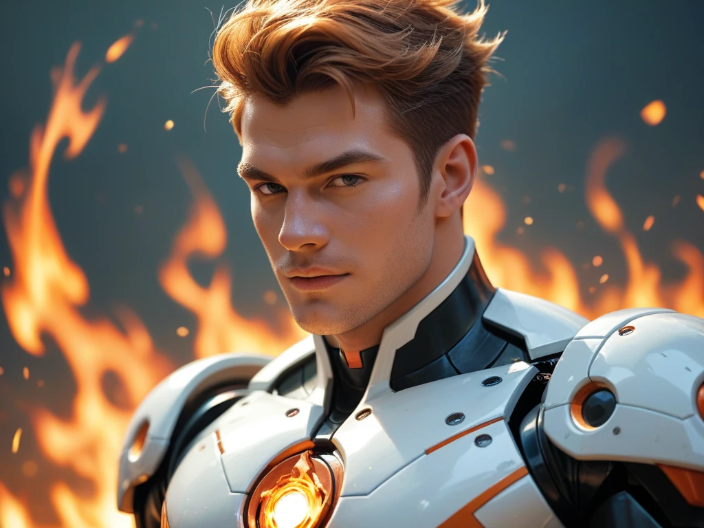  male hero , Half of the face is revealed to be a robot, flame