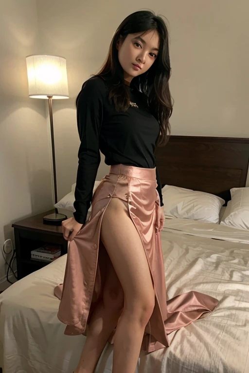 (highest resolution, distinct_image) best quality, woman, masterpiece, highly detailed, semi-realistic, 21 years old, cute, young, beautiful, interior, modern bedroom, window, wake up, morning, blush, thick thighs, wide hips, thin waist, tall, coral, (sweat: 1.2), (wet), sexy, blush, long skirt, wear long skirt, light yellow long skirt, light yellow t-shirt, light yellow shirt