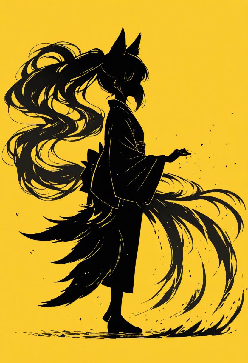  Black Silhouette Art,  girl, fox ears,  flowing hair, Fluffy long hair,  minimalist, Three Tails ,  Pointed Fox Tails , Yellow background, Long nails, Holding a lantern,  Wobbly Kimono , Wide sleeves,