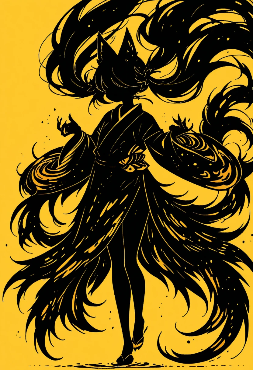  Black Silhouette Art,  girl, fox ears,  flowing hair, Fluffy long hair,  minimalist, Three Tails ,  Pointed Fox Tails , Yellow background, Long nails, Holding a lantern,  Wobbly Kimono , Wide sleeves,