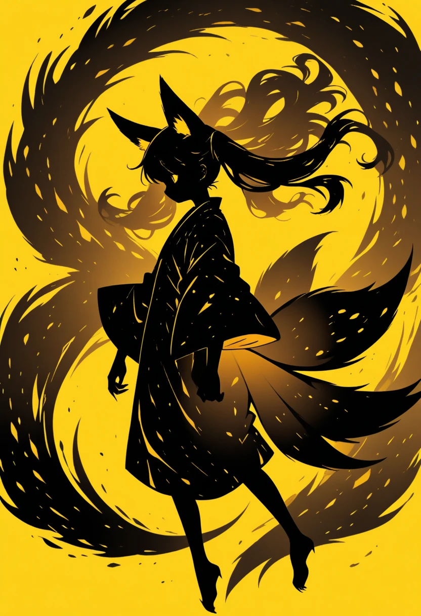  Black Silhouette Art,  girl, fox ears,  flowing hair, Fluffy long hair,  minimalist, Three Tails ,  Pointed Fox Tails , Yellow background, Long nails, Holding a lantern,  Wobbly Kimono , Wide sleeves,