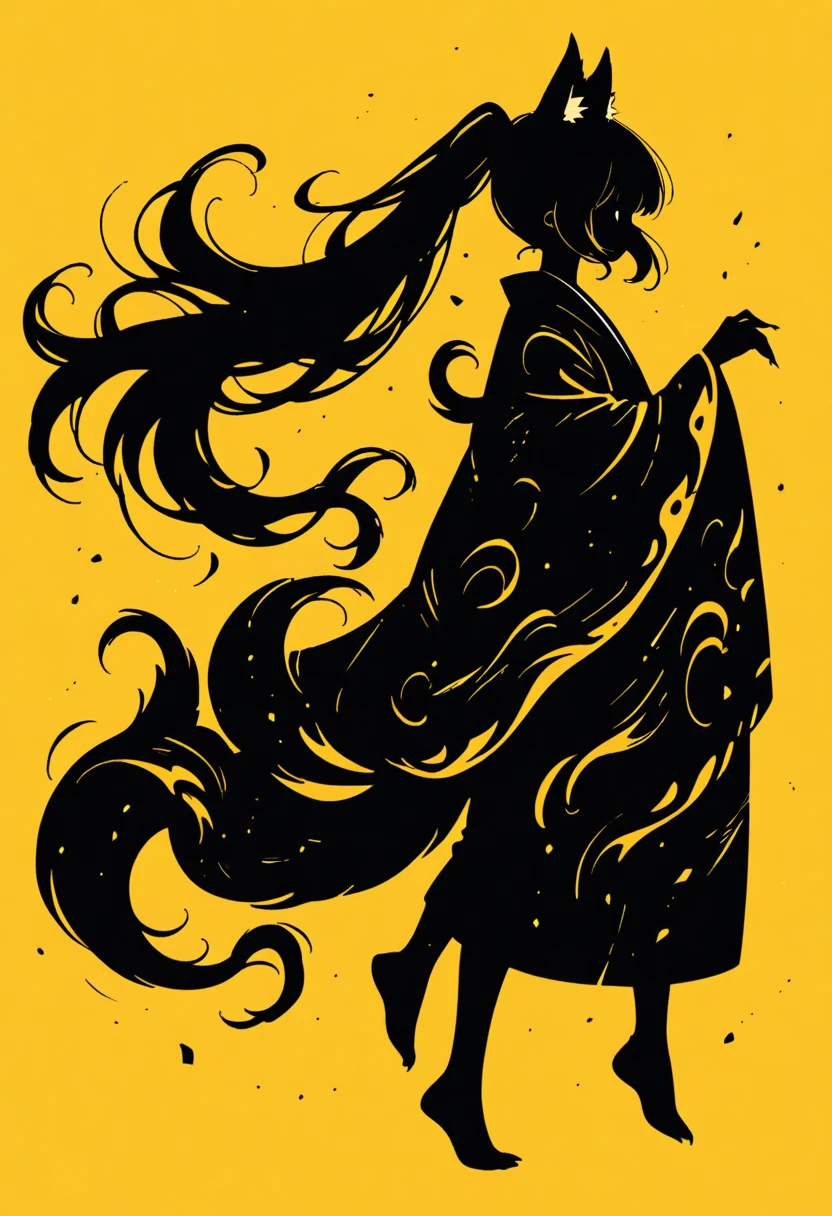  Black Silhouette Art,  girl, fox ears,  flowing hair, Fluffy long hair,  minimalist, Three Tails ,  Pointed Fox Tails , Yellow background, Long nails, Holding a lantern,  Wobbly Kimono , Wide sleeves,