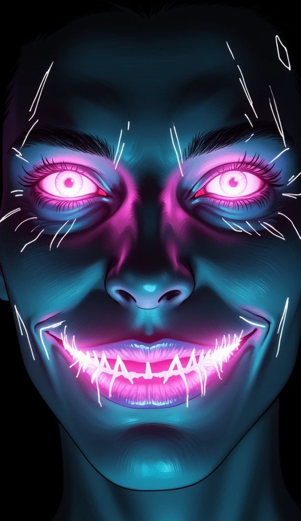 Close up.
 Face of an adult man .
 Crystalline gray eyes, brilliant, dazzling , bioluminescentes, Sacred Geometry, white neon lines . 
 snow-white skin .
pink lips.
 demonic smile . 
 Simple black background .
32k, HDR, UHD. 