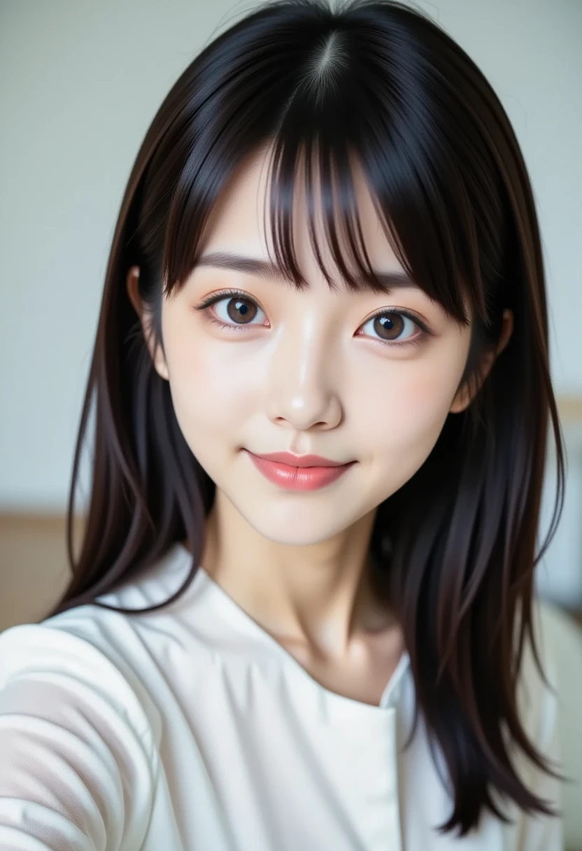 (masterpiece,  top quality:1.2),  1 girl in uniform, Alone, cute, ( super cute idol-like face :1.2)、  beautiful Japanese women 、21 years old,   sexy,   Big Eyes with Double Eyelids  , (  White knit), smile,    High-Details Faces and Skin Textures、Sophistication、  High-Details Faces 、  beautiful girl、  black hair,   long hair、With bangs、 cute girl 、最高級の  beautiful girl、輝く瞳、 smile,   selfie 、