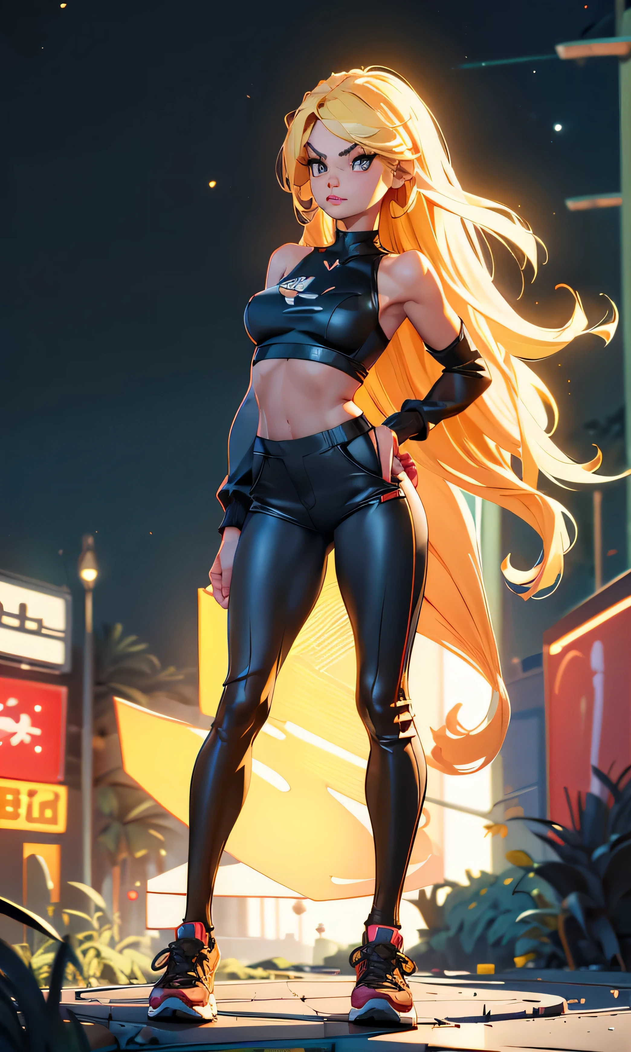 Masterpiece, 1 girl, babe, beautiful, slim and tall, skinny, facing the viewer, long hair, blonde hair, brown eyes, arched eyebrows, full body, breasts, nice legs, flat abdomen, black top, black pants, sexy pose, black sport shoes, sexy, ((naked)), in the street, dark sky, in china,