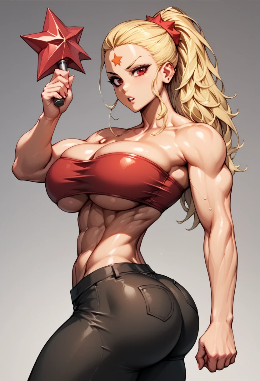 muscular octobriana toned female, solo, (one unique red star on her middle forehead:1.5), blonde hair arranged in a ponytail on top of her head, torso shot, tube bandeau bra, seamless bandeau bra, large breasts, underboob,  Fine Eyes ; showing her big butts and a woman kicking her big butts