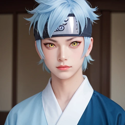 Mitsuki, 1boy, solo, white skin, light blue hair, yellow eyes, light blue and blue kimono, head protector, dark blue pants