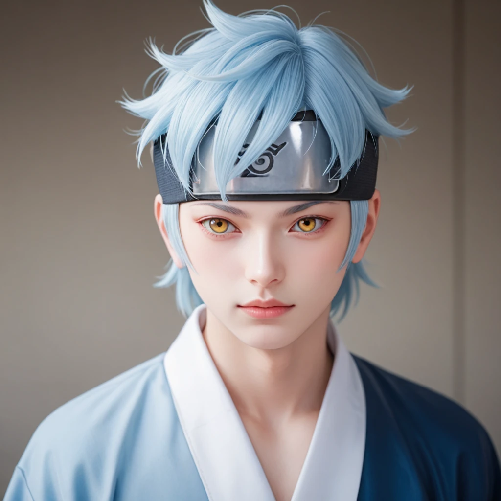 Mitsuki, 1boy, solo, white skin, light blue hair, yellow eyes, light blue and blue kimono, head protector, dark blue pants