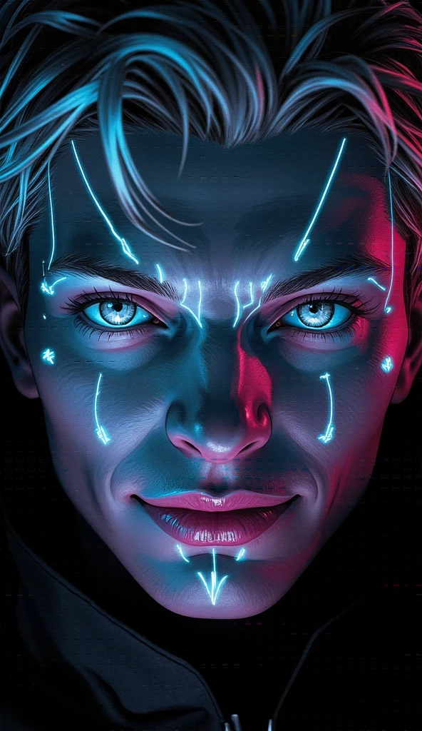 Close up.
 Face of an adult man .
 Crystalline gray eyes, brilliant, dazzling , bioluminescentes, Sacred Geometry, white neon lines . 
 snow-white skin .
pink lips.
 demonic smile . 
 Simple black background .
32k, HDR, UHD. 