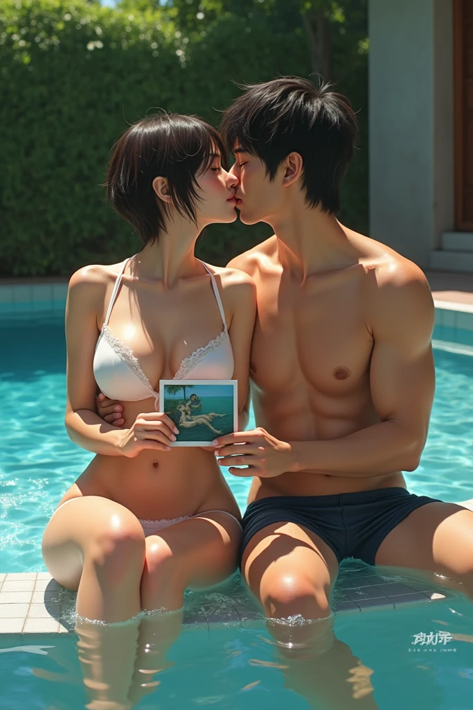 top-quality、Top image quality、8K，photos realistic、细致背景、Male and female couples、Man and woman hugging each other in underwear、Lovers、Macho and short-haired boy、Women with very short hair、Slender and busty woman、Have a deep kiss、rub one's breasts、Touching the crotch、White sandy beach、Hugging each other against the background of the sunset、detailed hairs、Beautiful and delicate skin、